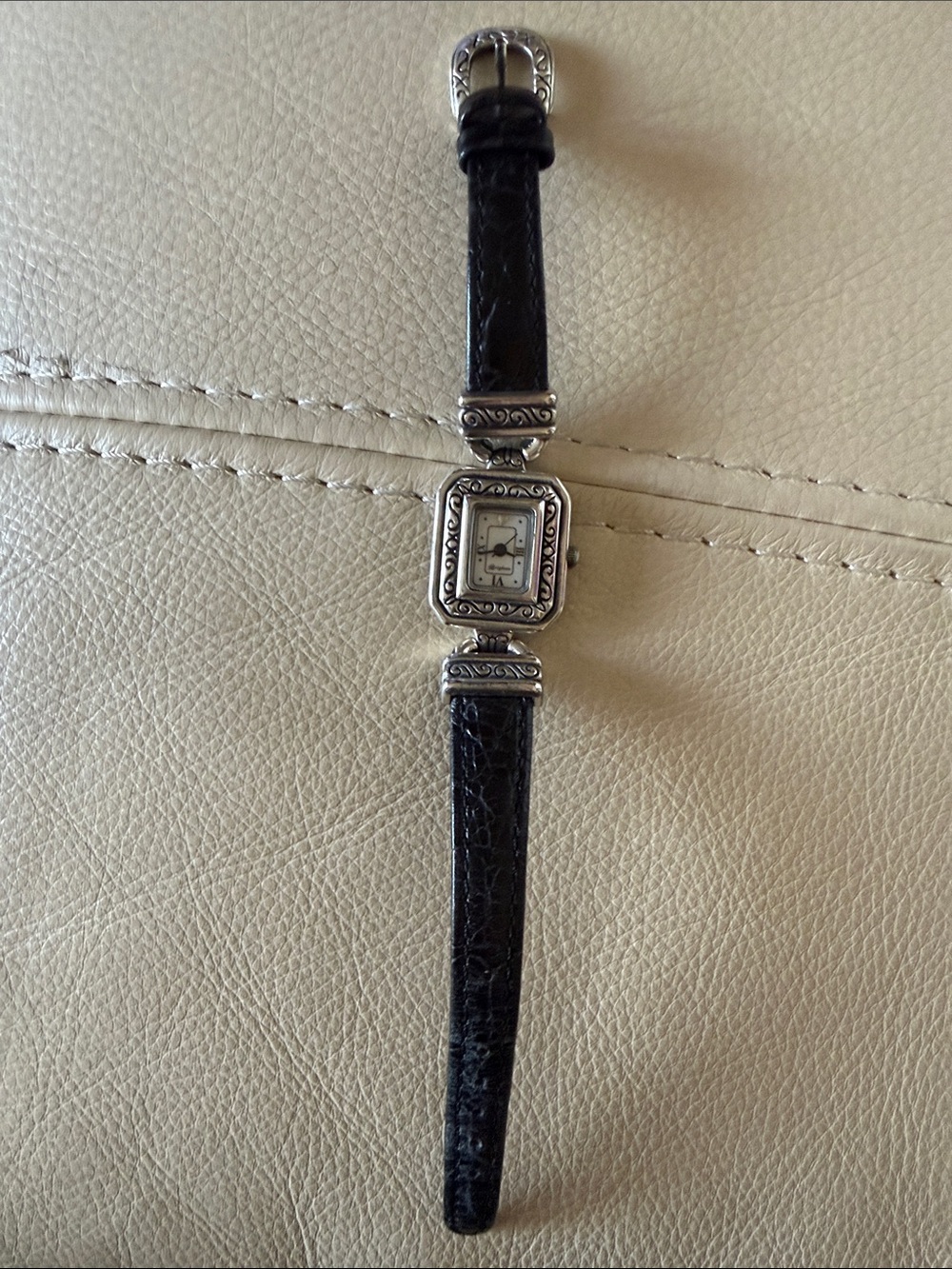 Women's Black Leather Strap Brighton Watch with Decorative Silver/white face
